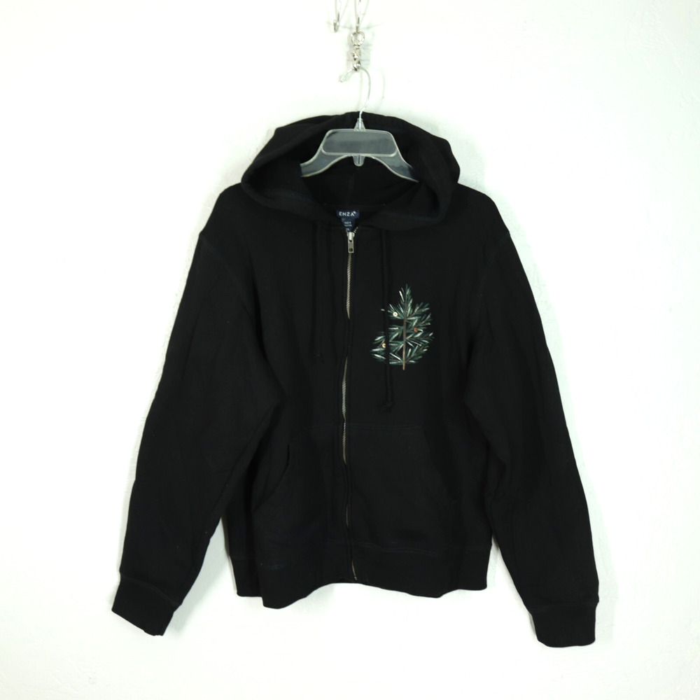 Enza Hoodie Sweatshirt XL Black Pine Tree Cone Button Appliqué Full Zip Pocket